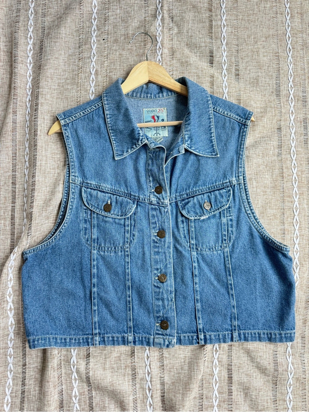 Vintage Cotton Denim Vest XL Medium Wash Button Front Utility Western Y2K